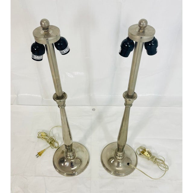 Pair of Nickel-Plated Modern Table Lamps With Matching Metal Shades For Sale - Image 9 of 14