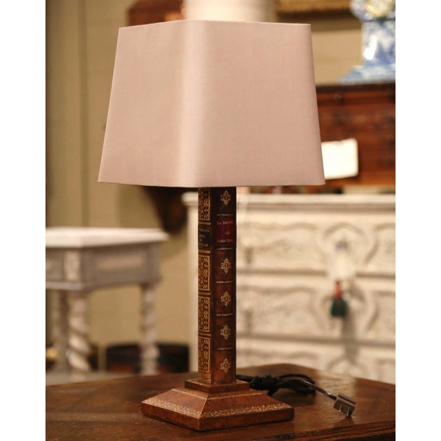 Mid-Century French Leather Faux Book Table Lamp With Shade For Sale - Image 10 of 10