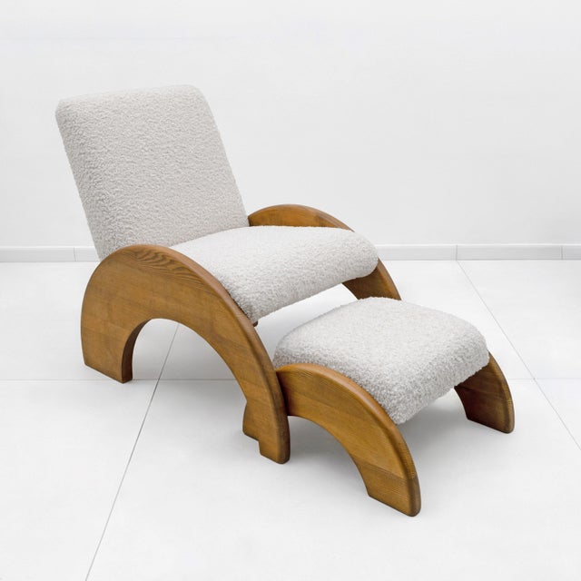 Set of Lounge Chair and Ottoman in Curved Wood and Ivory Bouclé, 1960 For Sale - Image 9 of 10