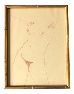 Vintage Original Female Nude Sepia Drawing Faux Bamboo Gold Frame