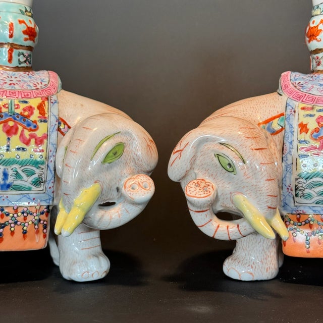 Early 20th Century Chinese Export Famille Rose Enameled Elephant Candle/Joss Holders- Set of 2 For Sale - Image 9 of 11