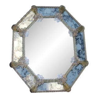 Octagonal Murano Glass Mirror with Gold Dusted Flowers and Braids, 1950s For Sale