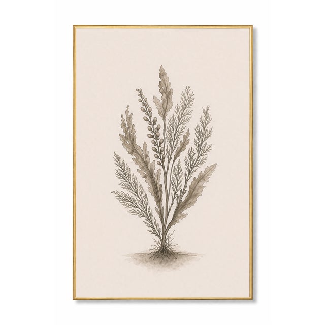 A refined coastal botanical composition featuring layered seaweed forms with delicate branching and organic structure....