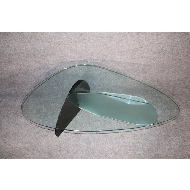 Mid-century style glass table with black and frosted glass base. Please confirm location.