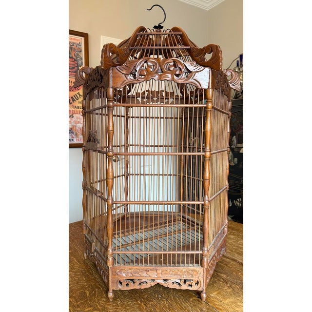 Beautiful Decorative Large Antique Wooden Ornate Pagoda Style Bird Cage For Sale In Charlotte - Image 6 of 18