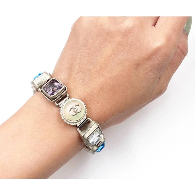 Rustic Chanel Vintage Rare Rustic Silver Gem Stone Pearl CC Bracelet For Sale - Image 3 of 5