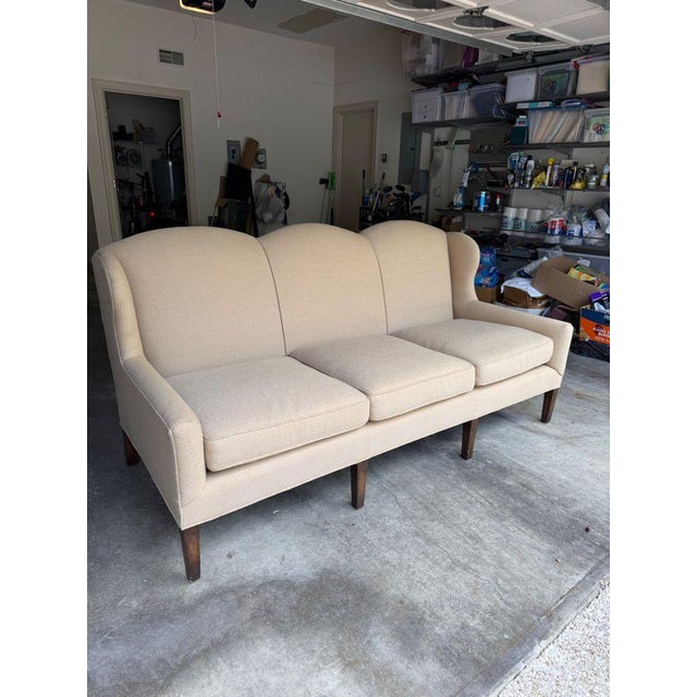 Queen Anne-Style sofa in wheat tonal chevron fabric. Sofa features three cushions, a tight triple hump back with channel...