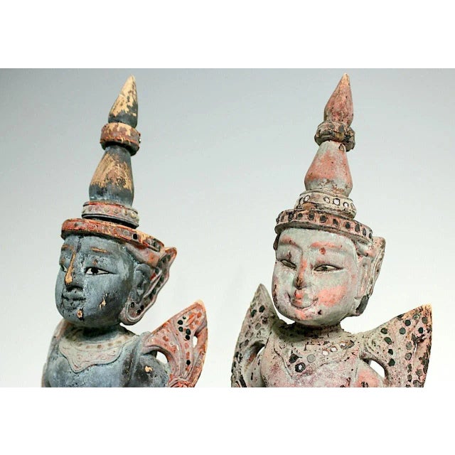 Antique Wood Teppanom / Guardian Thai Angels, Statues or Figures - A Pair 18" For Sale In Tampa - Image 6 of 10