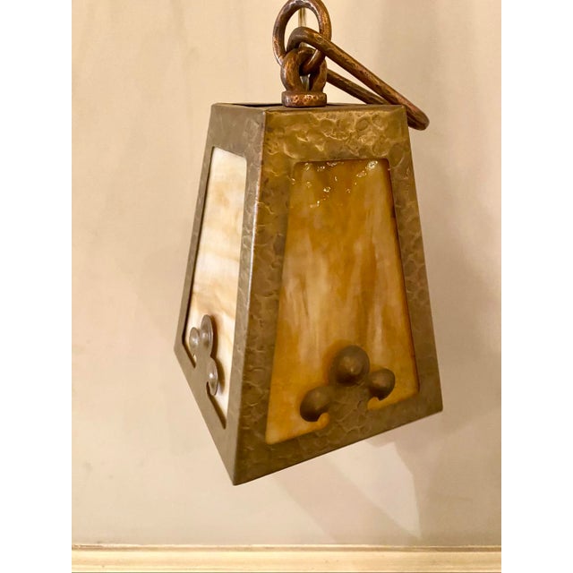 Glass Vintage Arts & Crafts Hammered Metal & Stained Glass Light Pendant For Sale - Image 7 of 10