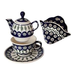 Mid 20th Century Hand Painted Boleslawiec Polish Pottery Teapot, Cup, Saucer & Coffee Filter Holder