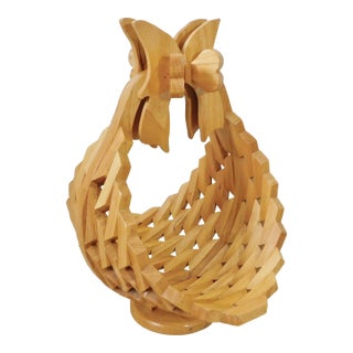 Large Vintage C1970s Handmade Natural Wood Geometric Block Basket With Handle and Bow For Sale