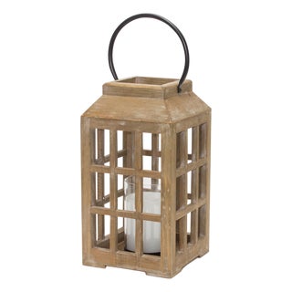 Natural Wooden Lantern with Glass Hurricane For Sale