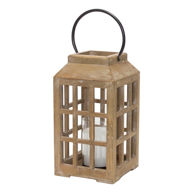 Natural Wooden Lantern with Glass Hurricane For Sale