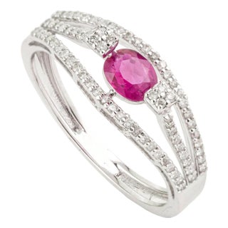 Natural Ruby & Diamond Split Shank Bypass Ring Size 9 in 14k White Gold For Sale