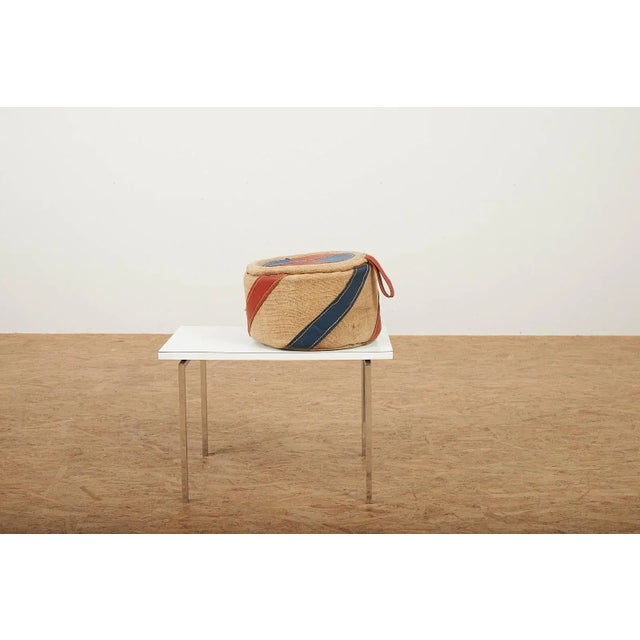 Cream Wool Upholstered Wood Drum Stool with Jute and Red-Blue Leather Seat by Renate Müller, 1968 For Sale - Image 8 of 11