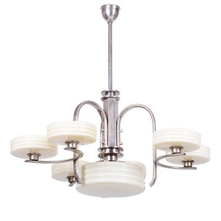 Bauhaus Chandelier in Nickel-Plated Steel and Opaline Glass, Czech, 1920s For Sale