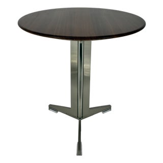 Flexform Walnut and Stainless MCM Style Round Top Side Table For Sale