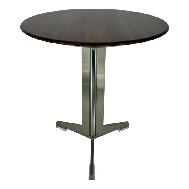 Flexform Walnut and Stainless MCM Style Round Top Side Table For Sale