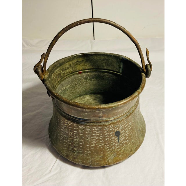 Late 19th Century Antique Middle Eastern Copper With Tin Overlay Bucket Elaborate Etched Pattern Solid Iron Loop Handle Ending With Serpent Heads For Sale - Image 5 of 12