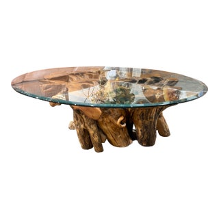Late 20th Century Teak Root Coffee Table With 48” Round Glass Top For Sale