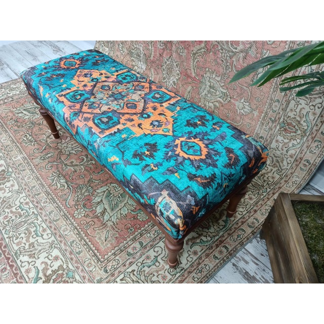 Tiffany Blue Handmade Regency Style Printed Rug Fabric Upholstered Bench For Sale - Image 8 of 9