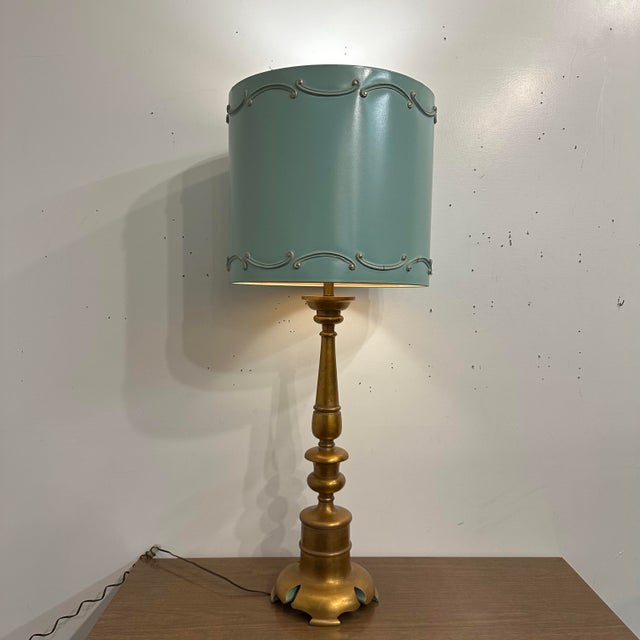 Vintage Italian style Carved Giltwood table lamp. This lamp features giltwood style turned base with painted blue details....