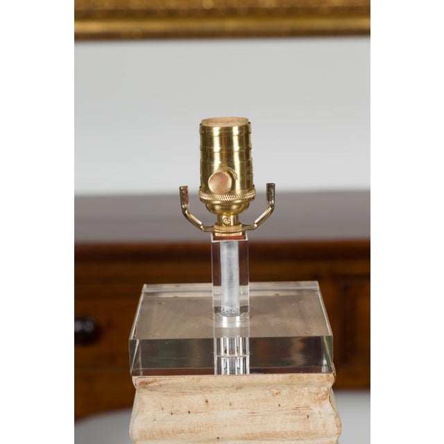 Cream Pair of Italian Midcentury Pyramidal Shaped Fragment Table Lamps with Lucite For Sale - Image 8 of 11