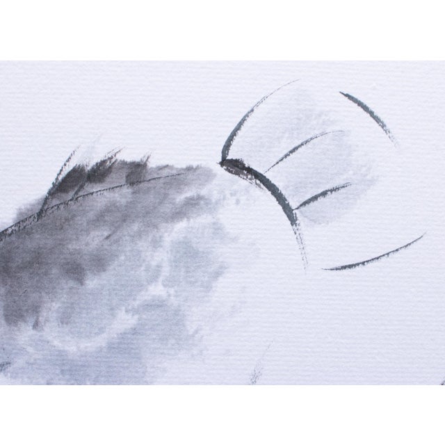 "Turbot Flatfish", Heisei Era Japanese Monochrome Watercolor Painting For Sale - Image 9 of 15