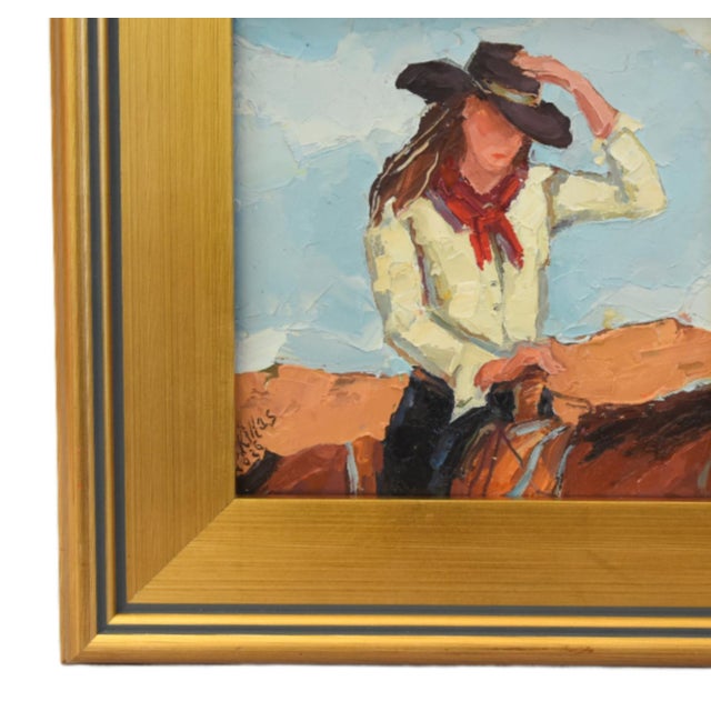 Farmhouse Impressionist Farmhouse Western Cowgirl Painting Including the Antiqued Gold Wood Frame For Sale - Image 3 of 5