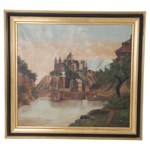 French Oil Painting of Castle on a Hill, Early 20th Century, Framed For Sale - Image 12 of 13