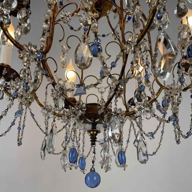 Blue Chandelier in Golden Iron and Light Blue Crystals, 1950s For Sale - Image 8 of 14