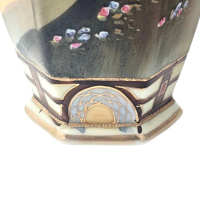 Ceramic Pair Antique Nippon Imperial Mark Hand Painted Landscape Vases Moriage Gilt Porcelain 9.5” For Sale - Image 7 of 18