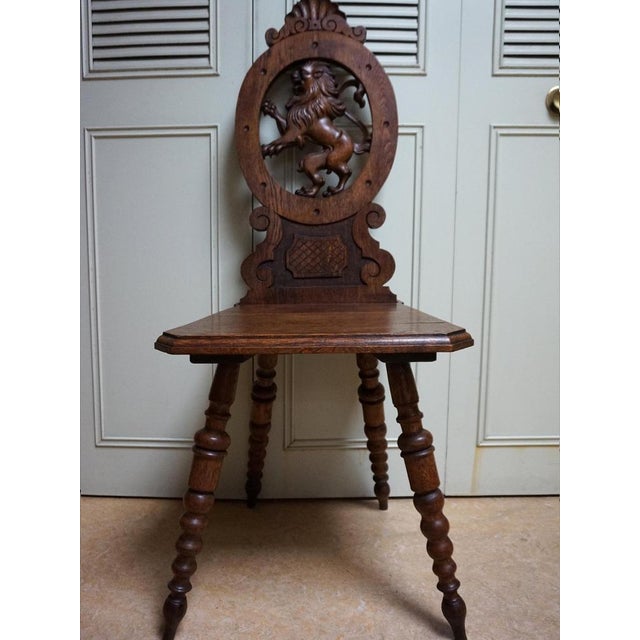 19th Century Swiss Black Forest Hand Carved Oak Side Chair with Standing Lion For Sale - Image 15 of 15
