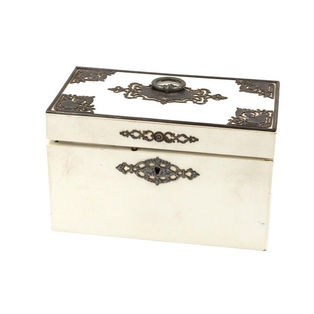Elegant Painted English Victorian Period Tea Caddy With Elaborate Metalwork, Circa 1890. For Sale