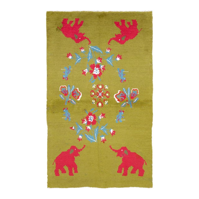 Galerie Shabab Collection Mid-20th Century Swedish Handmade Green Pictorial Rug With Elephants and Teddy Bears For Sale