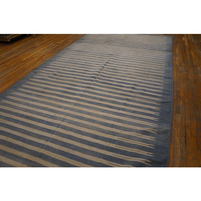 1930s White Blue Stripe Antique Indian Cotton Dhurrie Rug 8' X 16'4" Flatweave Carpet For Sale In New York - Image 6 of 6