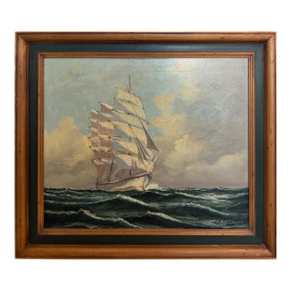 Vintage Tall Ship Oil Painting on Canvas Signed Framed Clipper Marine Seascape For Sale