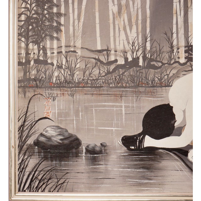 1970s Vintage Chinese Women Washing, Bamboo Oil on Canvas Framed Painting Signed For Sale In Miami - Image 6 of 9