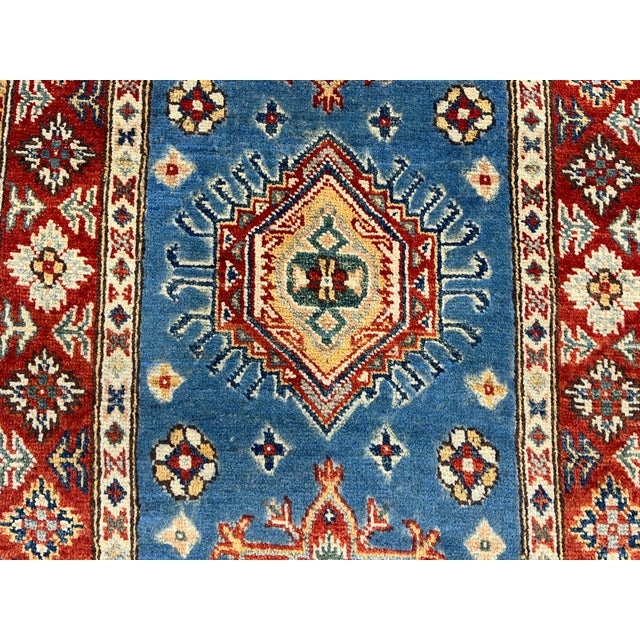 Textile Blue and Rust Red Kazak Wool Runner Rug, Tribal Hallway Rug, 2'6" X 10'6" For Sale - Image 7 of 17