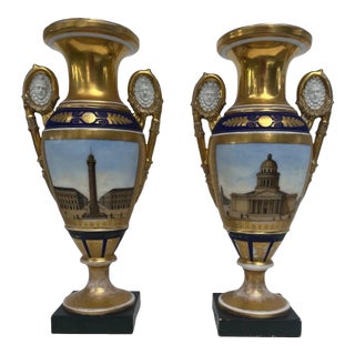 Pair of Paris Two Handled Vases in Gold and Cobalt Blue For Sale