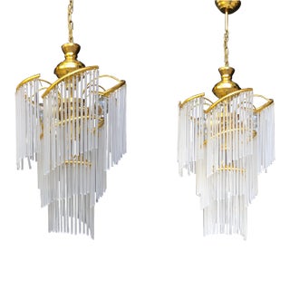 Pair 1970s Art Deco Ceiling Pendant Lights Murano Milk Glass Stick For Sale