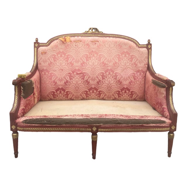 Louis XVI Style Venetian Loveseat With Original Stained Red With Gilt Finish For Sale