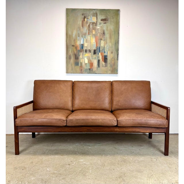 Bernt Petersen Mid Century Danish Modern Rosewood, Cane & Leather Sofa Attributed to Bernt Petersen For Sale - Image 4 of 12