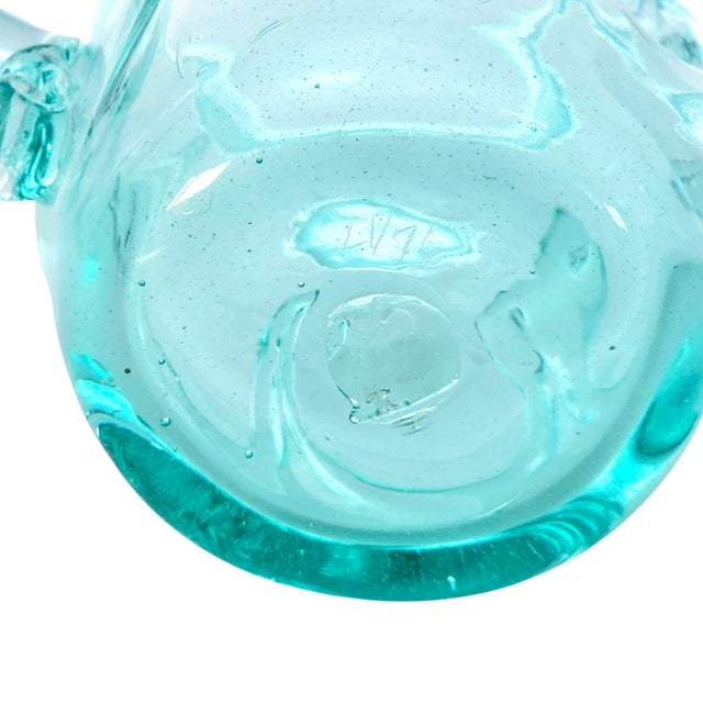 1976 Liberty Village Glasshouse Aquamarine Lily Pad Blown Glass Pitcher 6.75" For Sale - Image 11 of 11