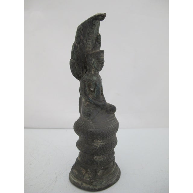 Antique Khmer Bayon Style Bronze Buddha With Naga Buddhist Figurine Statue For Sale In Portland, OR - Image 6 of 8