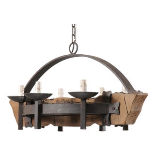 Mid 20th Century French Wood Beam & Iron Chandelier For Sale