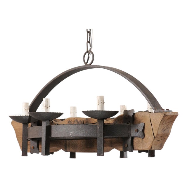 Mid 20th Century French Wood Beam & Iron Chandelier For Sale