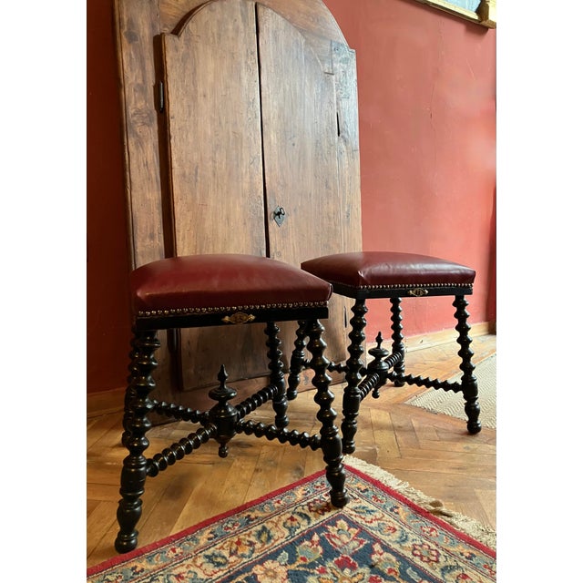 Antique Ebonized Twisted Legs Stools with Burgundy Studded Leather Seats, 1890s, Set of 2 For Sale - Image 5 of 16