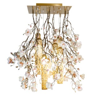 Flower Power Pink-Cream Magnolia Chandelier with 24k Gold Pipes from VGnewtrend, Italy For Sale