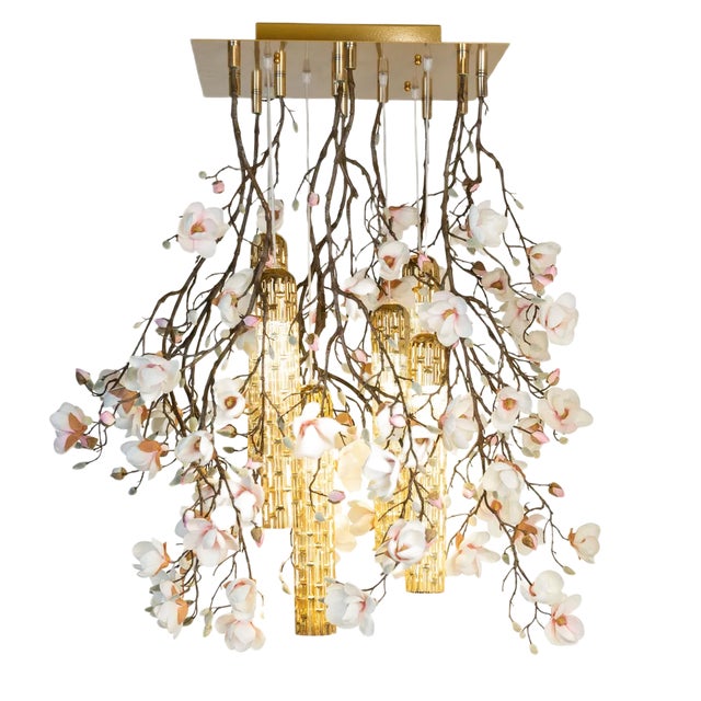 Flower Power Pink-Cream Magnolia Chandelier with 24k Gold Pipes from VGnewtrend, Italy For Sale